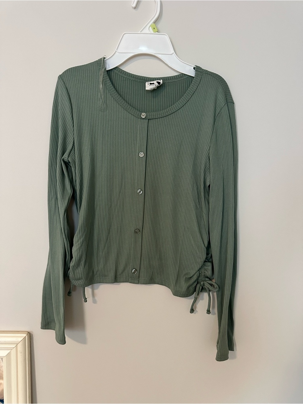 Self Esteem Sage Green Ribbed Button-Front Long Sleeve Top